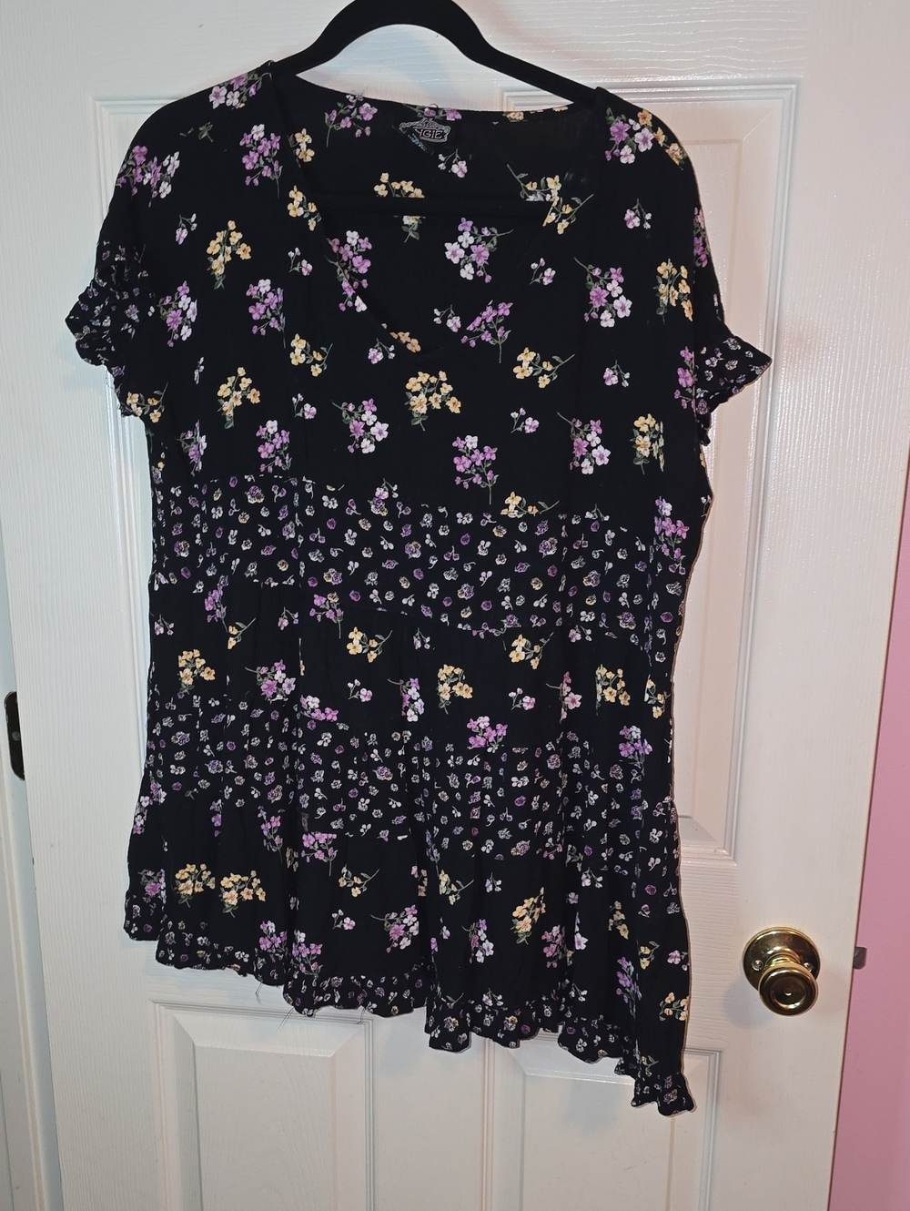 Angie Black Blouse with Purple and Yellow Floral Print